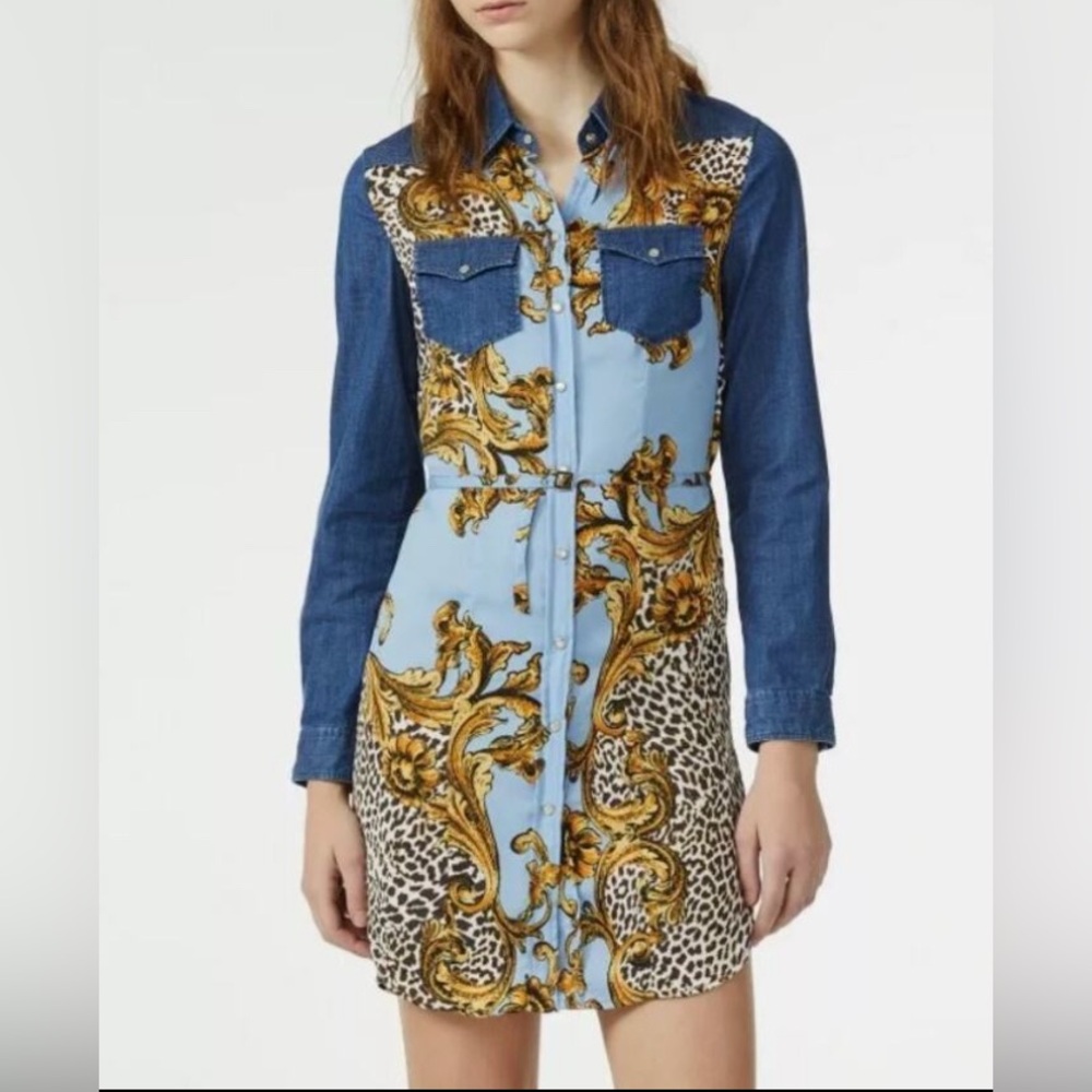 Liu Jo Floral Leopard Denim Mini Shirt Dress in Blue and Gold